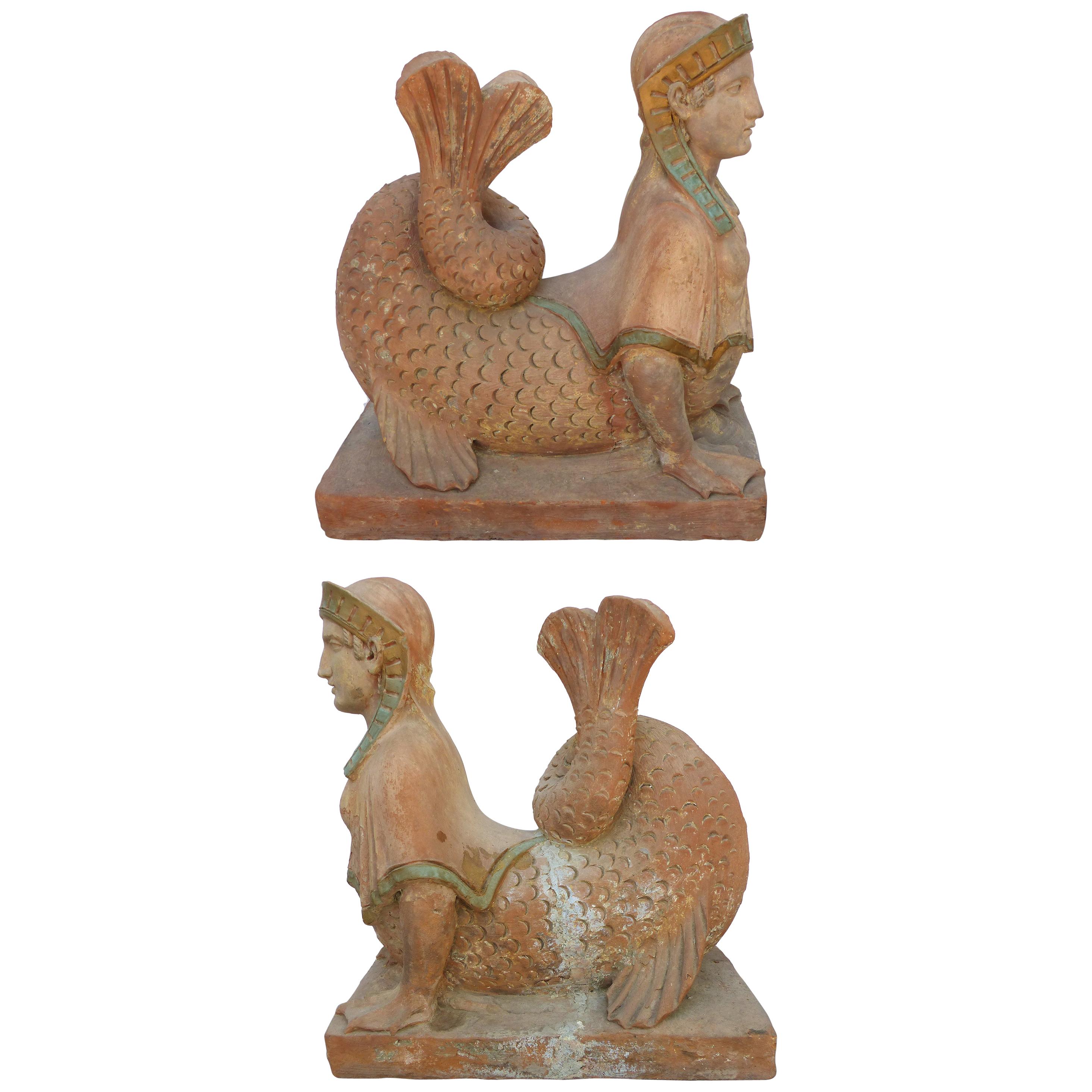 18th Century Continental Terracotta Egyptian Revival Sphinxes, a Matched Pair For Sale