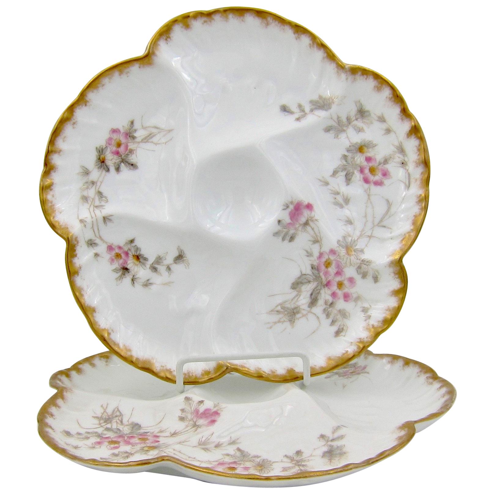 Antique French Limoges Porcelain Oyster Plate Pair, 1880s