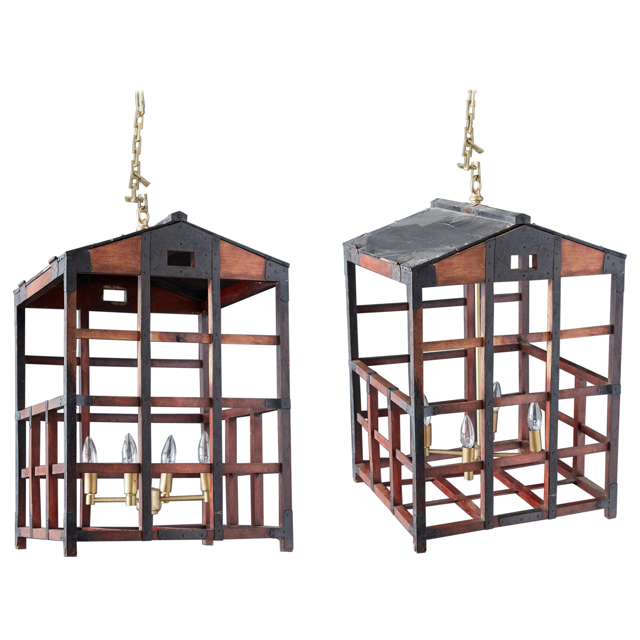 Japanese Tansu Style Wooden Crate Cage Chandeliers For Sale