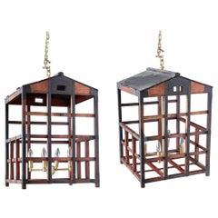 Antique Japanese Tansu Style Wooden Crate Cage Chandeliers