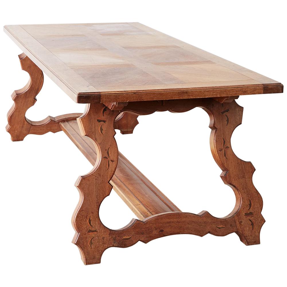 18th Century Italian Baroque Inlay Walnut Trestle Table