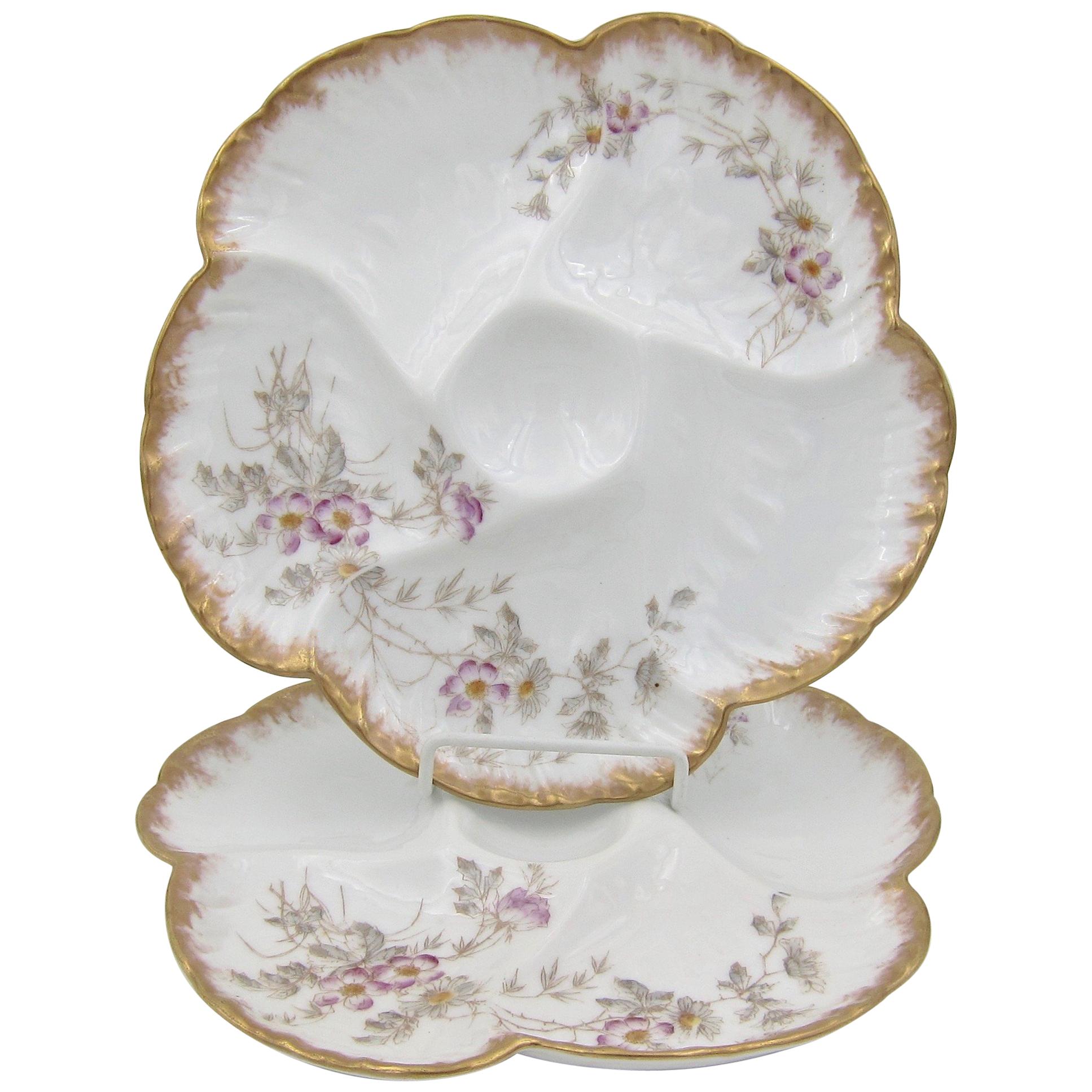 Antique Limoges Porcelain French Oyster Plate Pair, 1880s