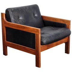 Swedish Midcentury Walnut and Black Leather Lounge Chair, Karl Erik Ekselius/JOC