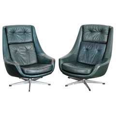 Pair of Danish Tall Back Green Leather Swivel Chairs, 1960s