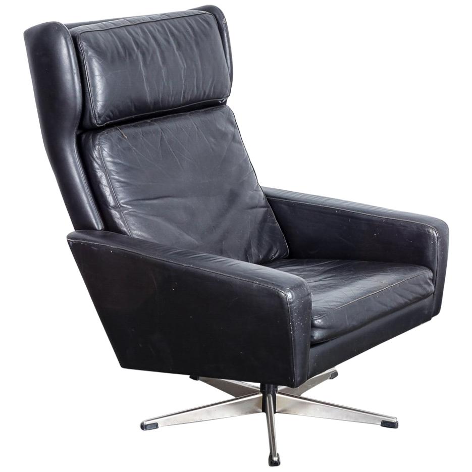 Danish Black Leather 1950s Wing Back Swivel Chair