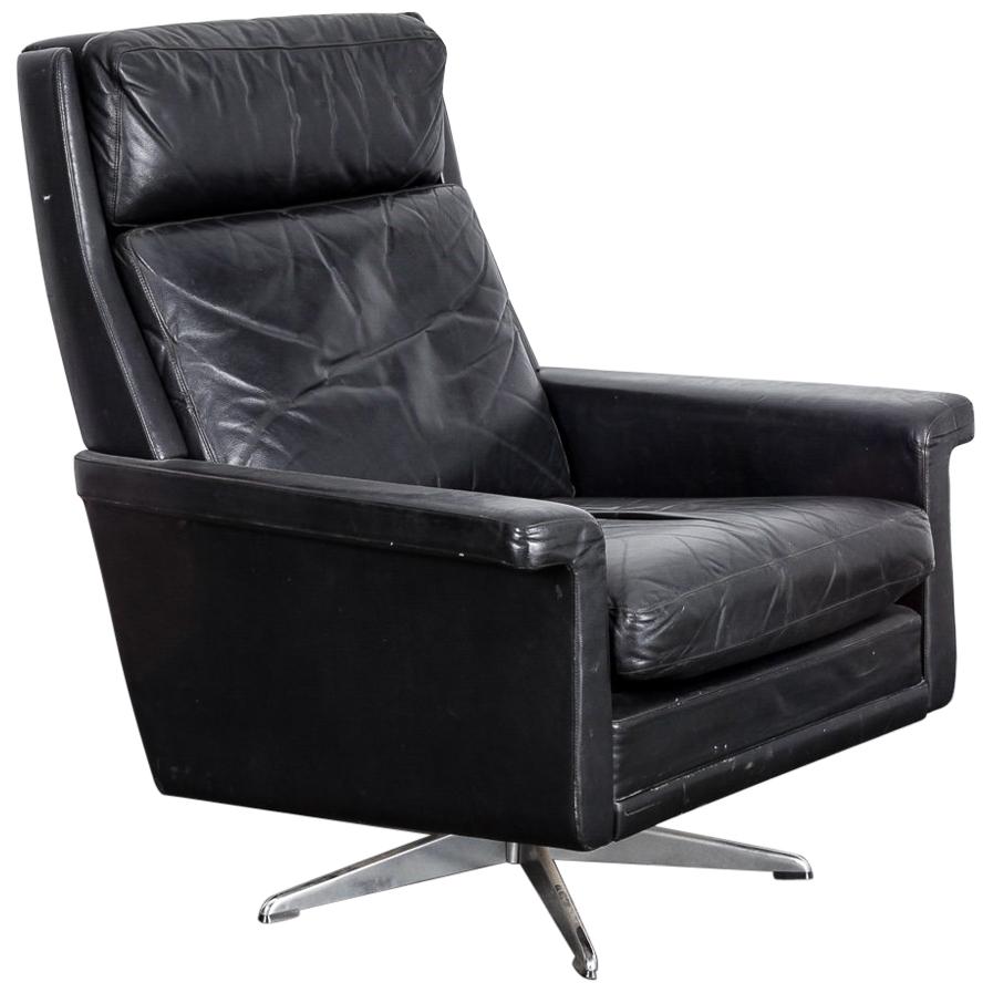 MidCentury Modern Black Leather Swivel Chair at 1stDibs