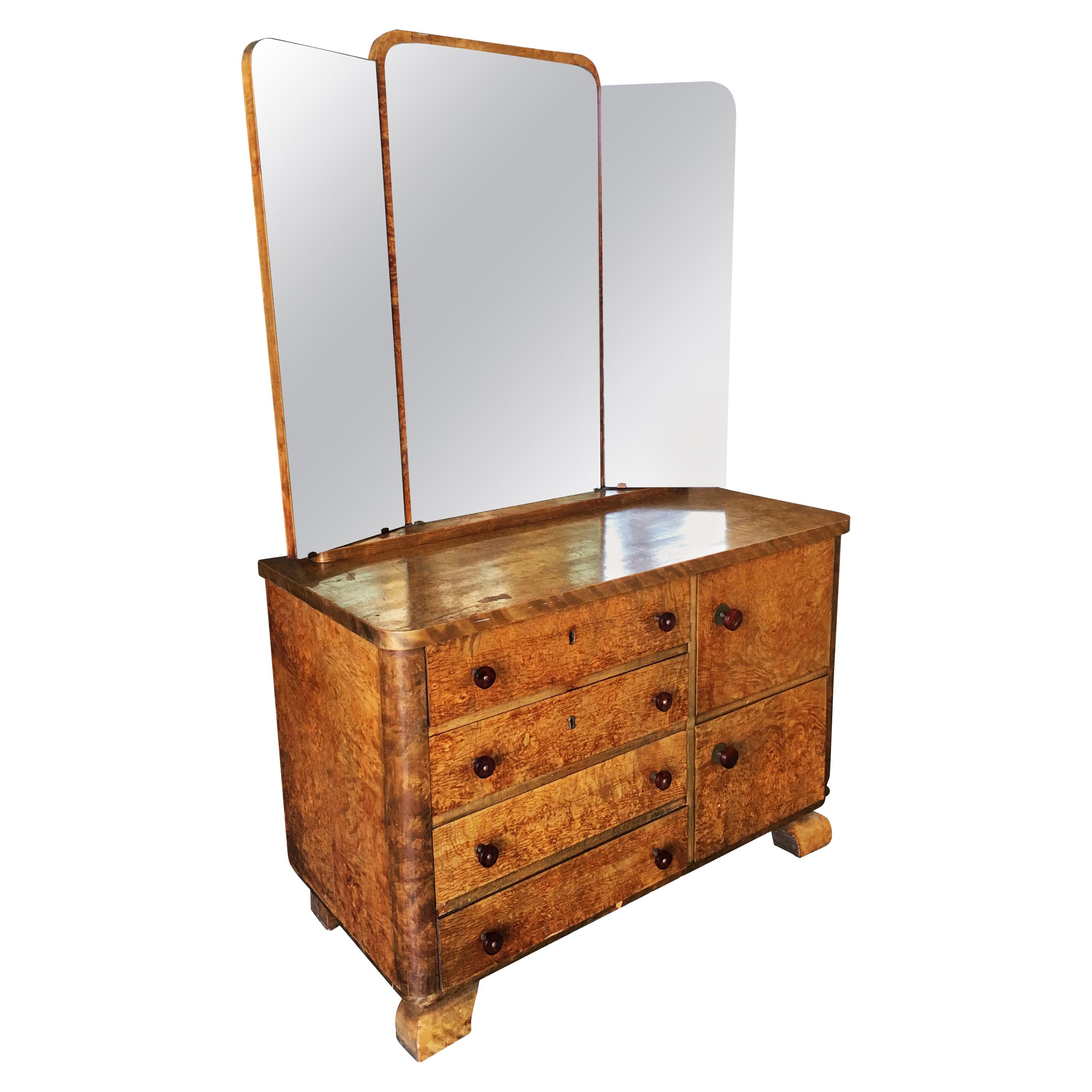 Art Deco Burlwood Dresser with Tri Fold Mirror