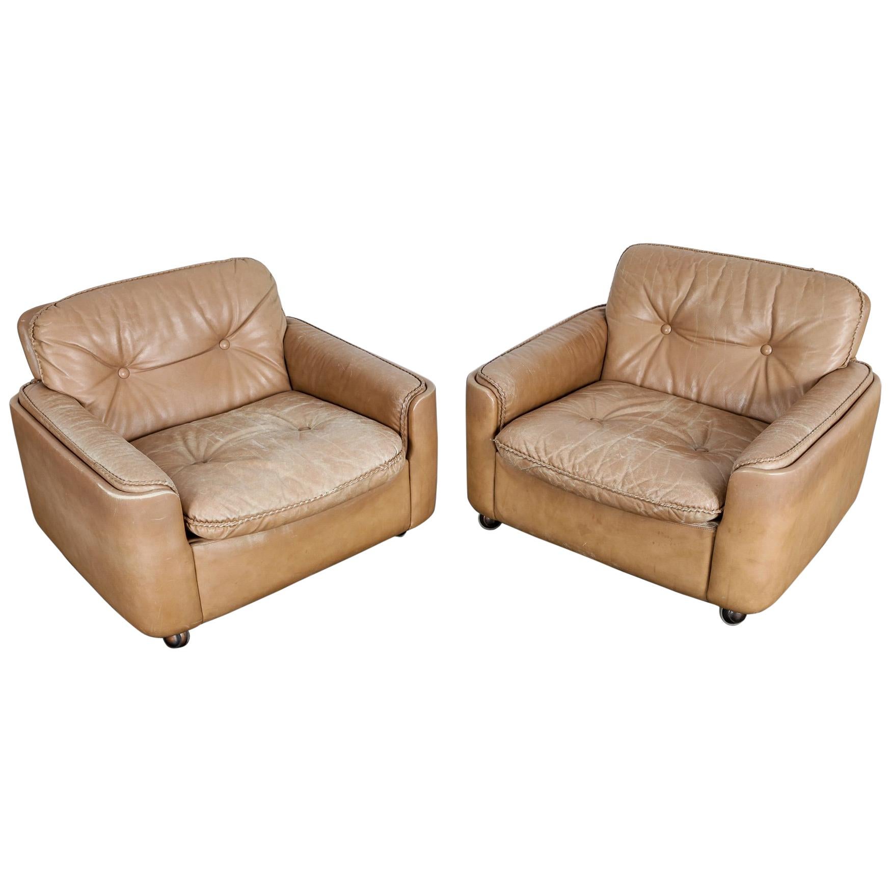 Pair of Tan Leather Low Lounge Chairs by Sigurd Ressell for Vatne Mobler, Norway For Sale