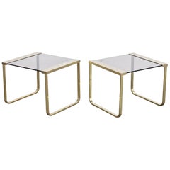 Vintage 1970s Italian Brass Tone End Tables with Smoke Glass