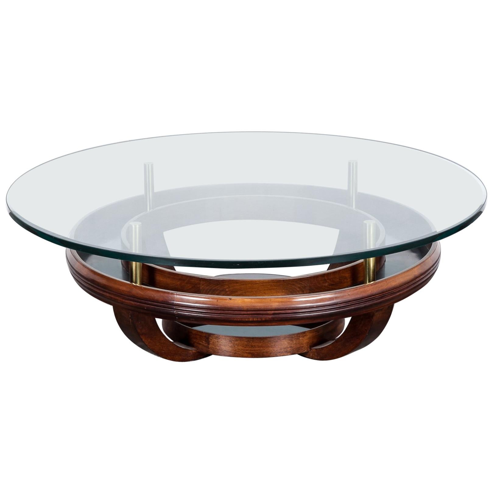 Unique Brazilian Bi-Level Glass Top Round Coffee Table with Wood Base