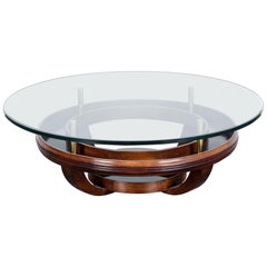 Unique Brazilian Bi-Level Glass Top Round Coffee Table with Wood Base