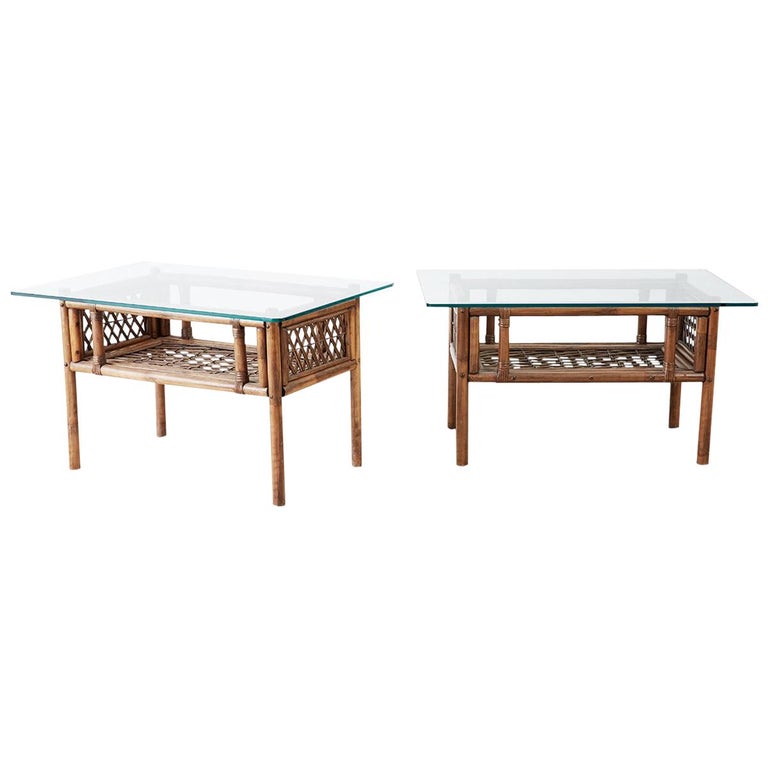 Pair of Brown Jordan Style Bamboo Rattan Side Tables For Sale at 1stDibs