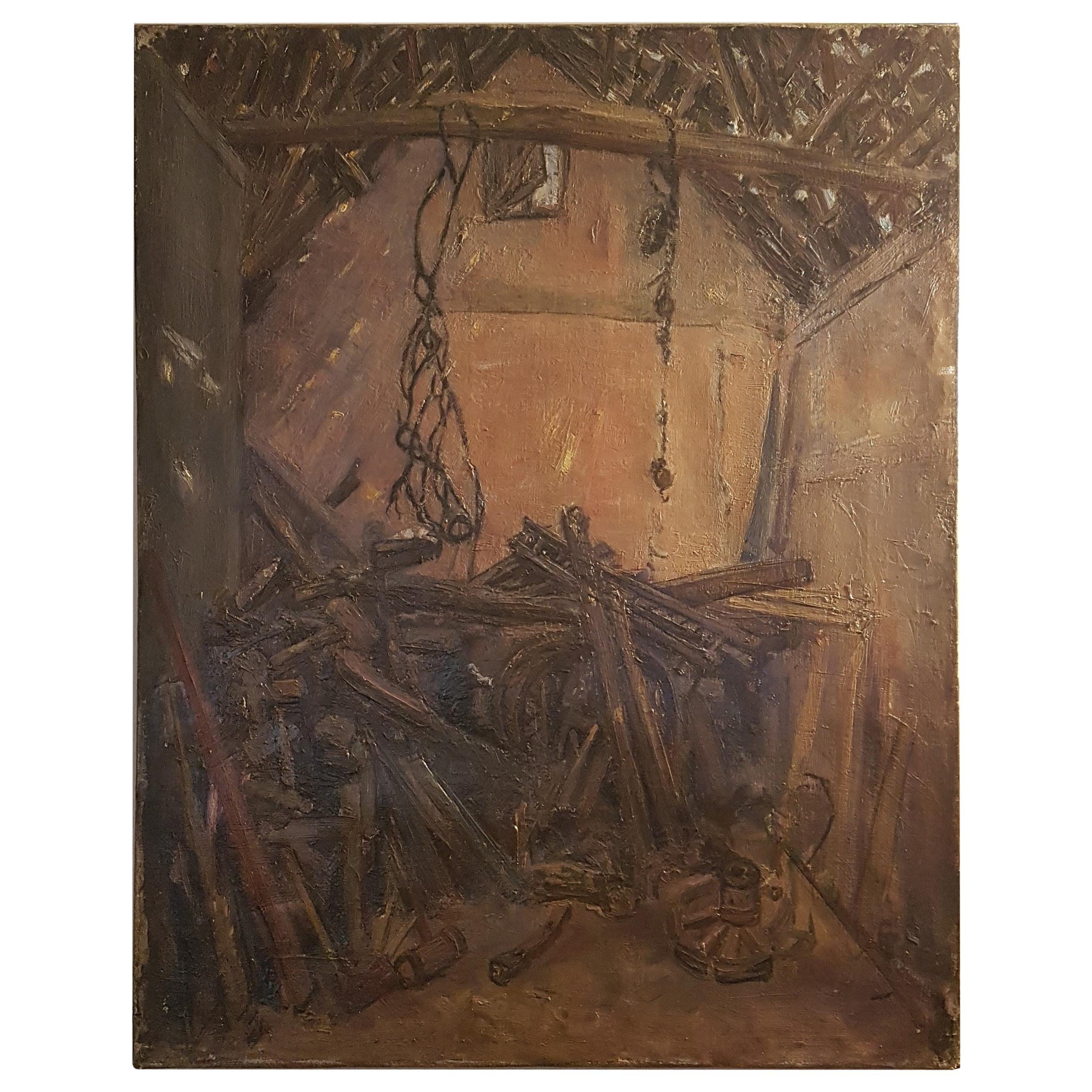 Early 20th Century Oil on Canvas of Cartwrights Workshop For Sale