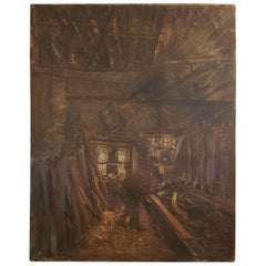 Early 20th Century Oil on Canvas of Carpenters Workshop