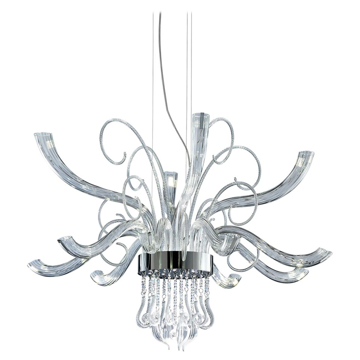 Leucos Elysee L 12 LED Chandelier in Crystal and Chrome by Mari Toscano For Sale