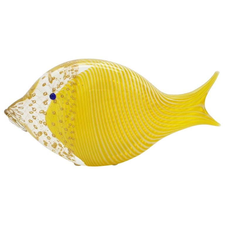 Modern Murano Glass Fish in Yellow and Gold Color with Bubbles by