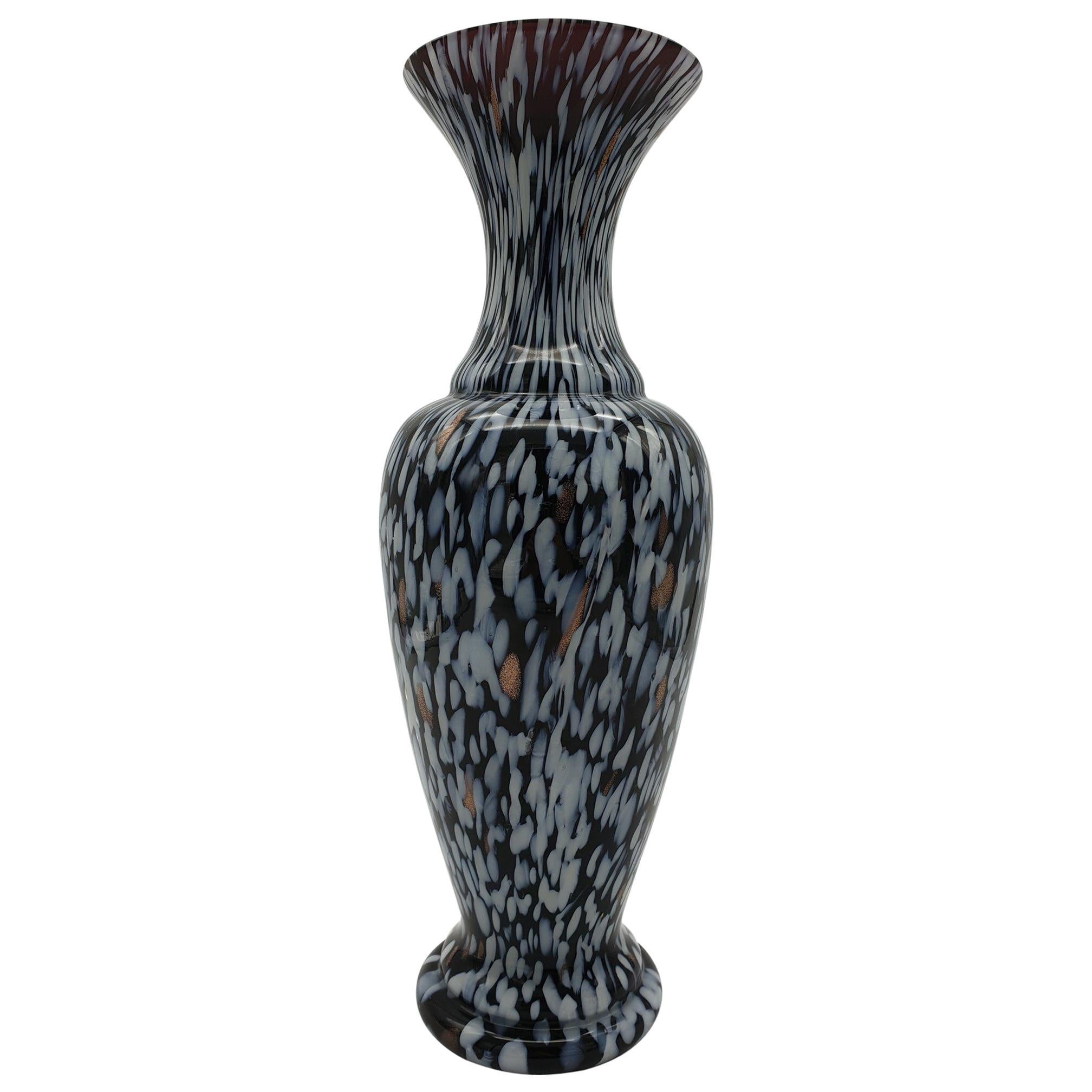 Vintage Murano Glass Vase in Black Color with White Spots by Cenedese, 1970s For Sale