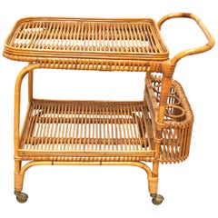 Bonacina Midcentury Italian Serving Trolley in Wicker and Bamboo, 1950s