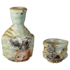 Japanese Sake Set Flask and Cup Named 'Chogetsu' by Kumano Kuroemon