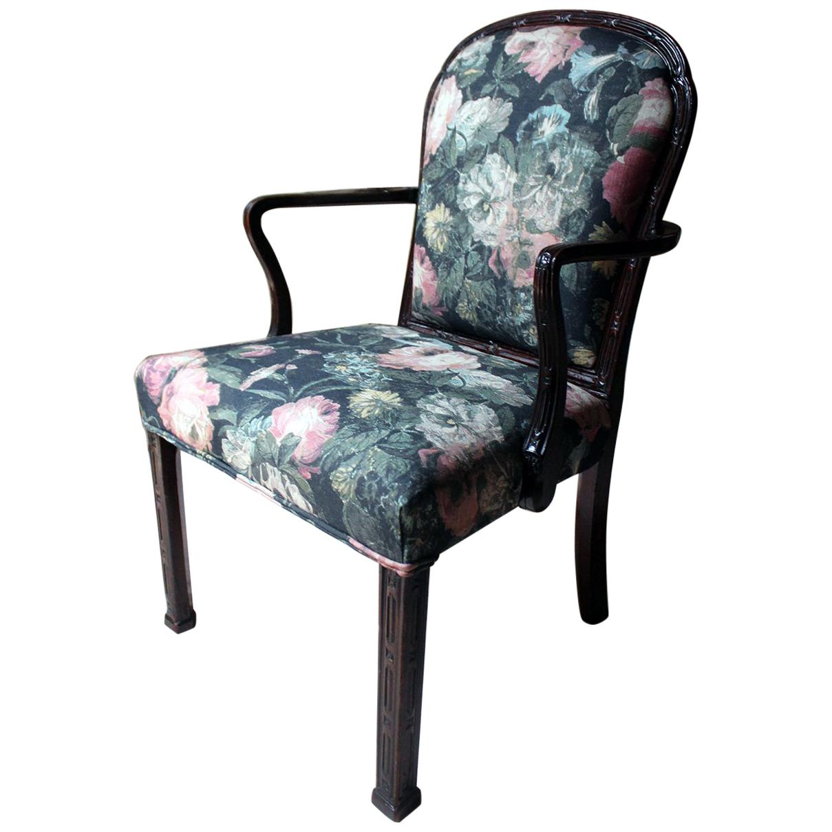George III Chinese Chippendale Mahogany & Upholstered Open Armchair, circa 1780 For Sale