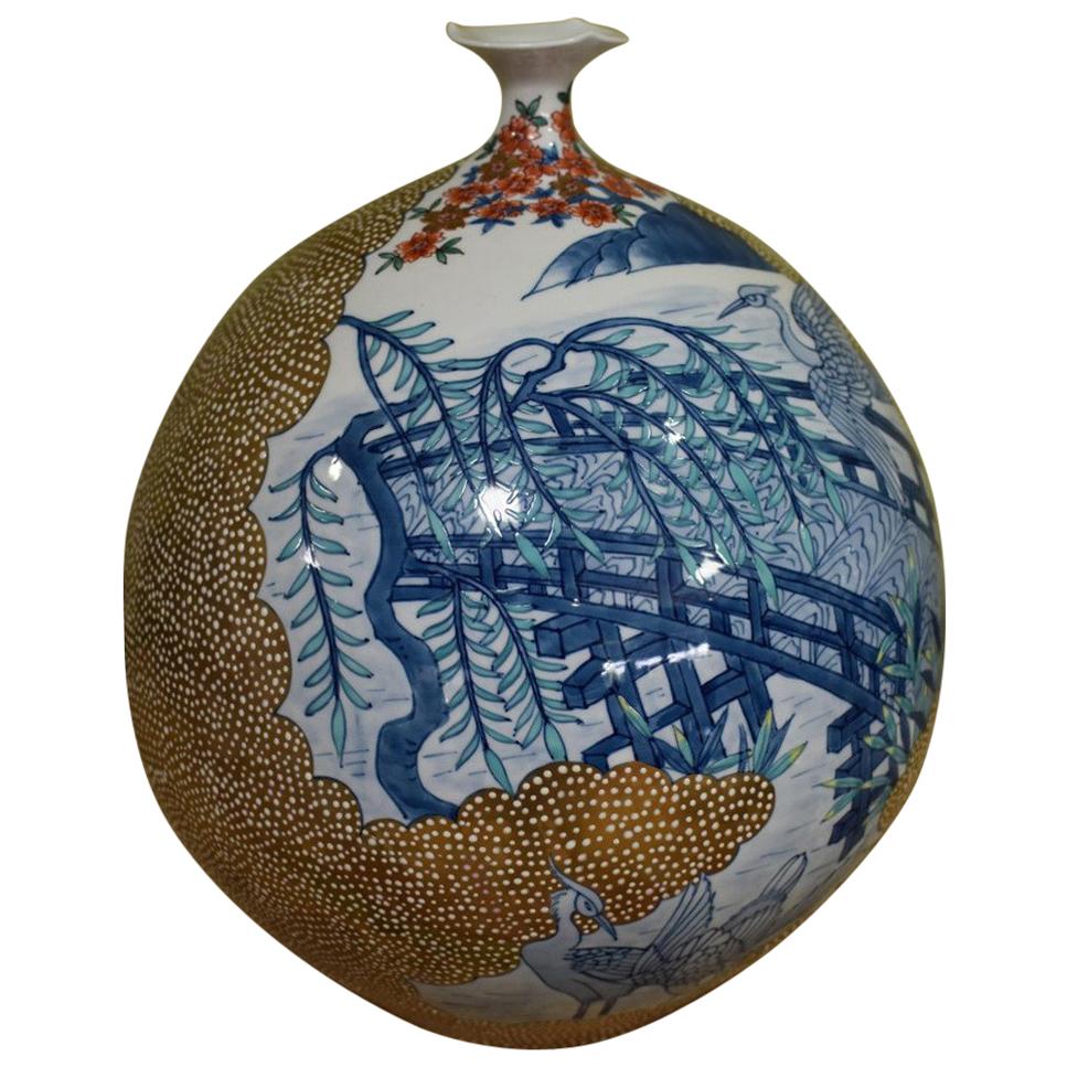 Japanese Contemporary Blue Gold Porcelain Vase by Master Artist