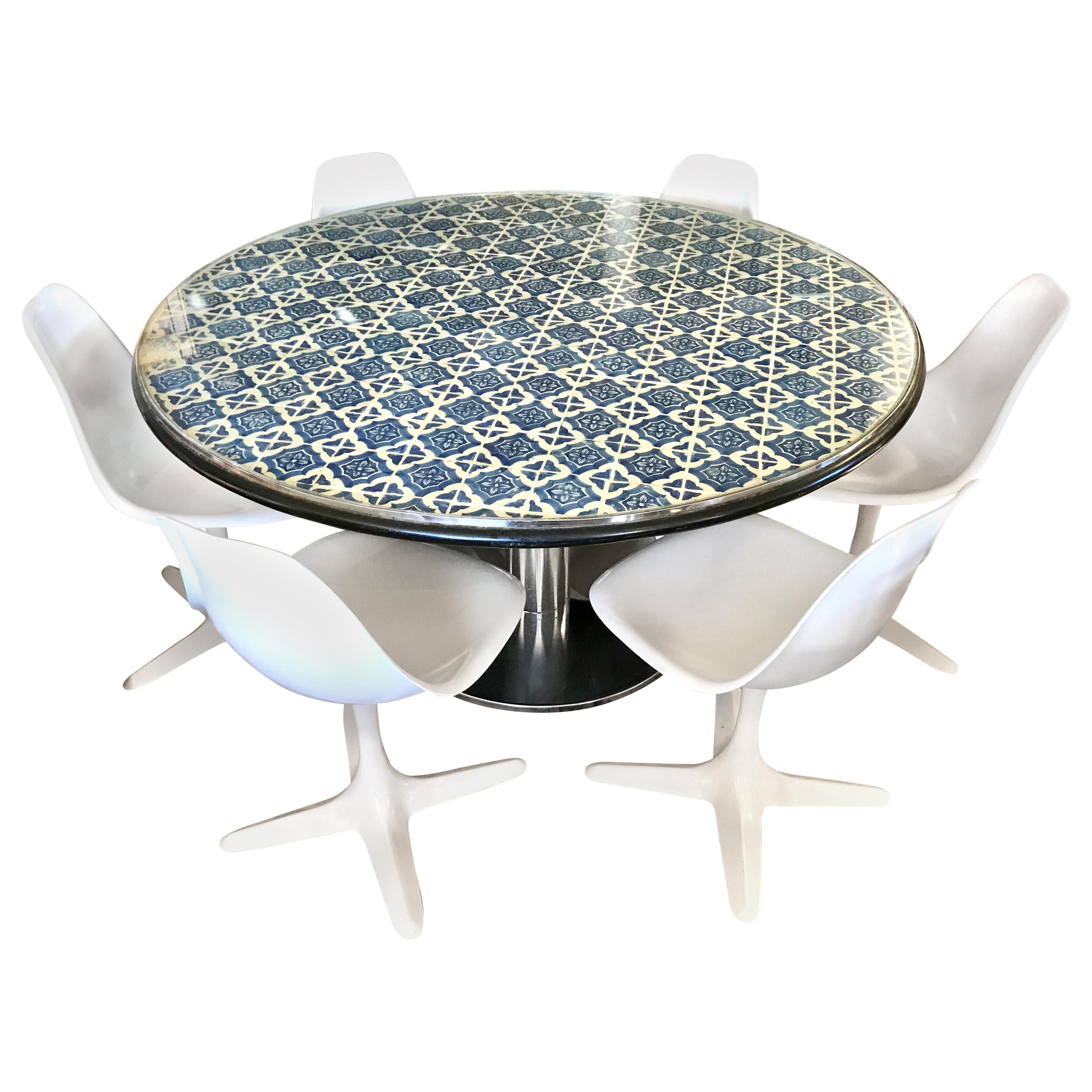 Midcentury Blue and White Spanish Tile Top Table and Six Saarinen Tulip Chairs
