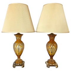 Pair of Bohemian Amber Cut to Clear Glass Table Lamps