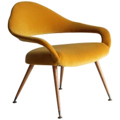 Gastone Rinaldi, Rare Lounge Chair, Yellow Velvet, Brass, Oak, RIMA, Italy, 1954