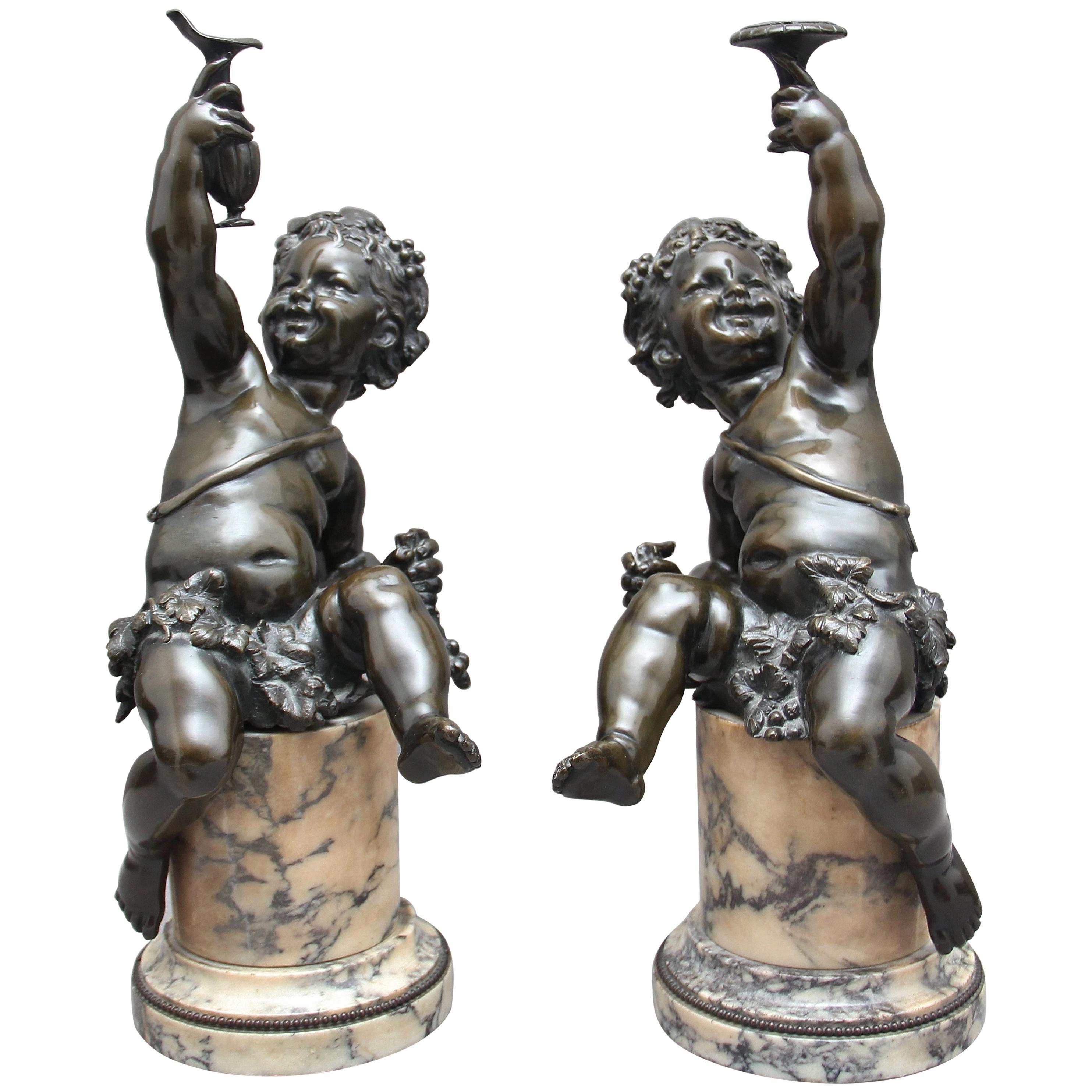 Pair of 19th Century French Bronze Putti on Marble Bases