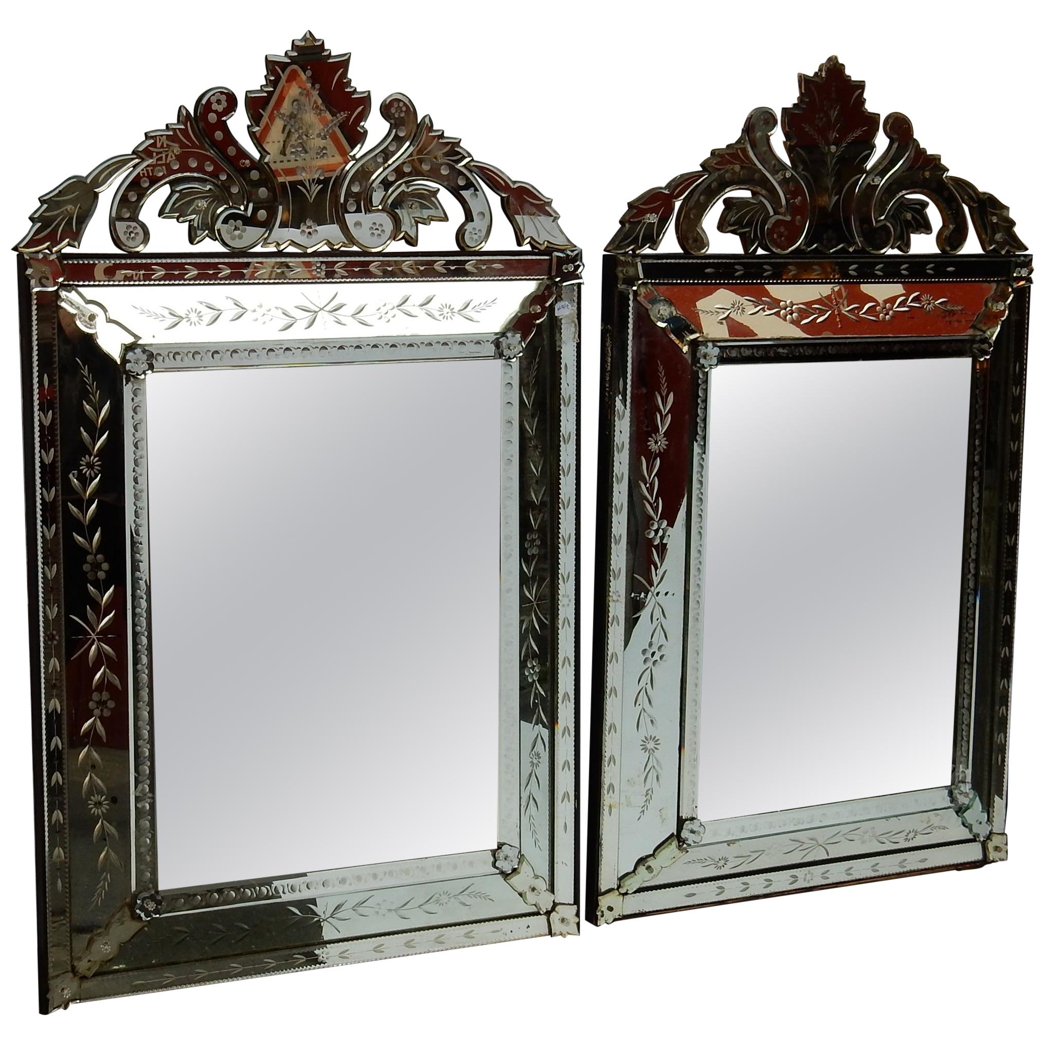 1950s Pair of Venetian Mirrors with Floral Decor and Pediment