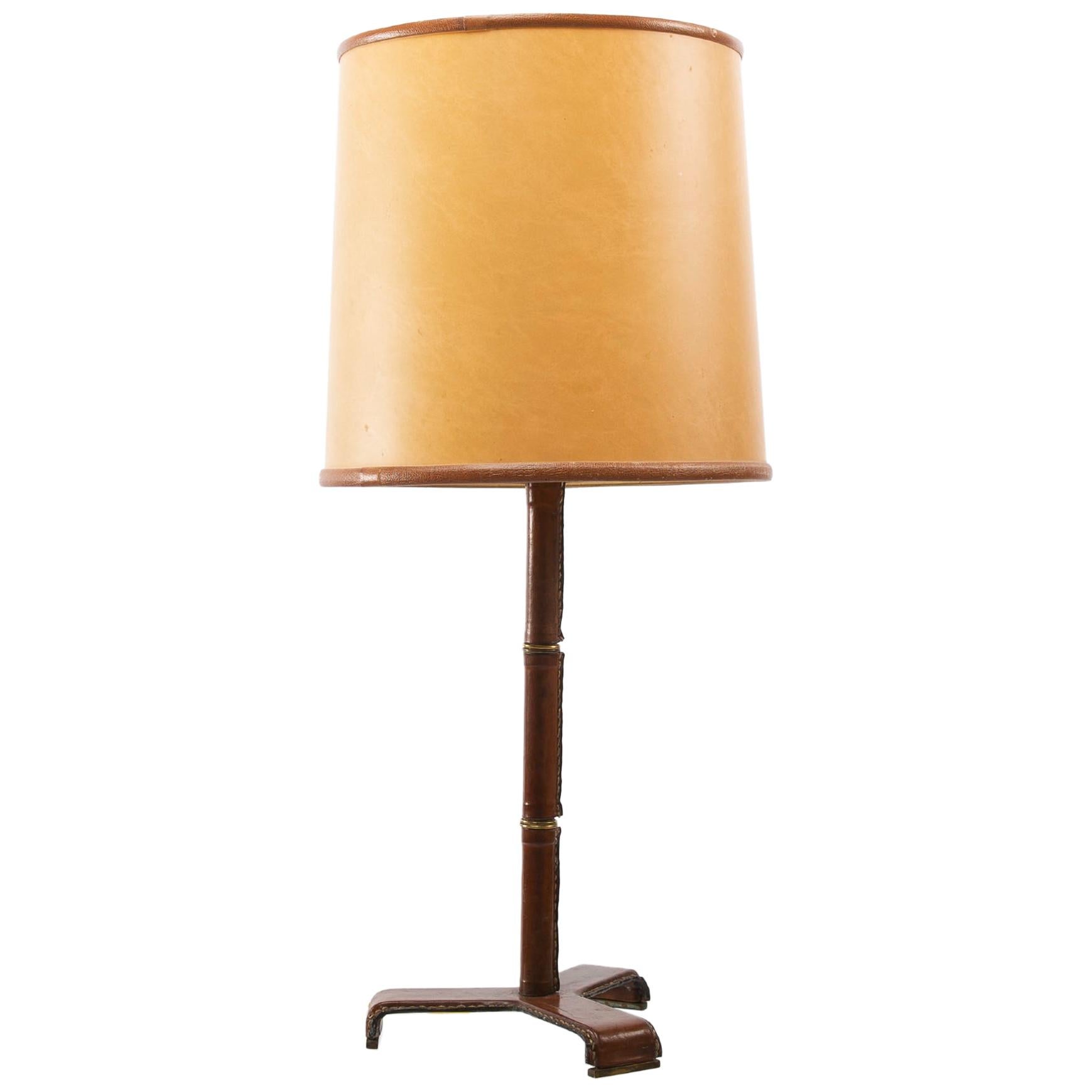 French Midcentury Desk Lamp, Jacques Adnet, Steel, Tan Leather, Brass