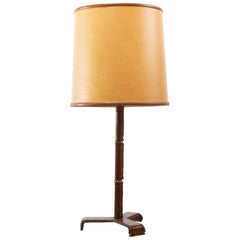 Retro French Midcentury Desk Lamp, Jacques Adnet, Steel, Tan Leather, Brass