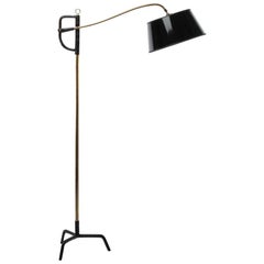 French Midcentury Floor Lamp Jacques Adnet, Steel, Black Leather, Brass