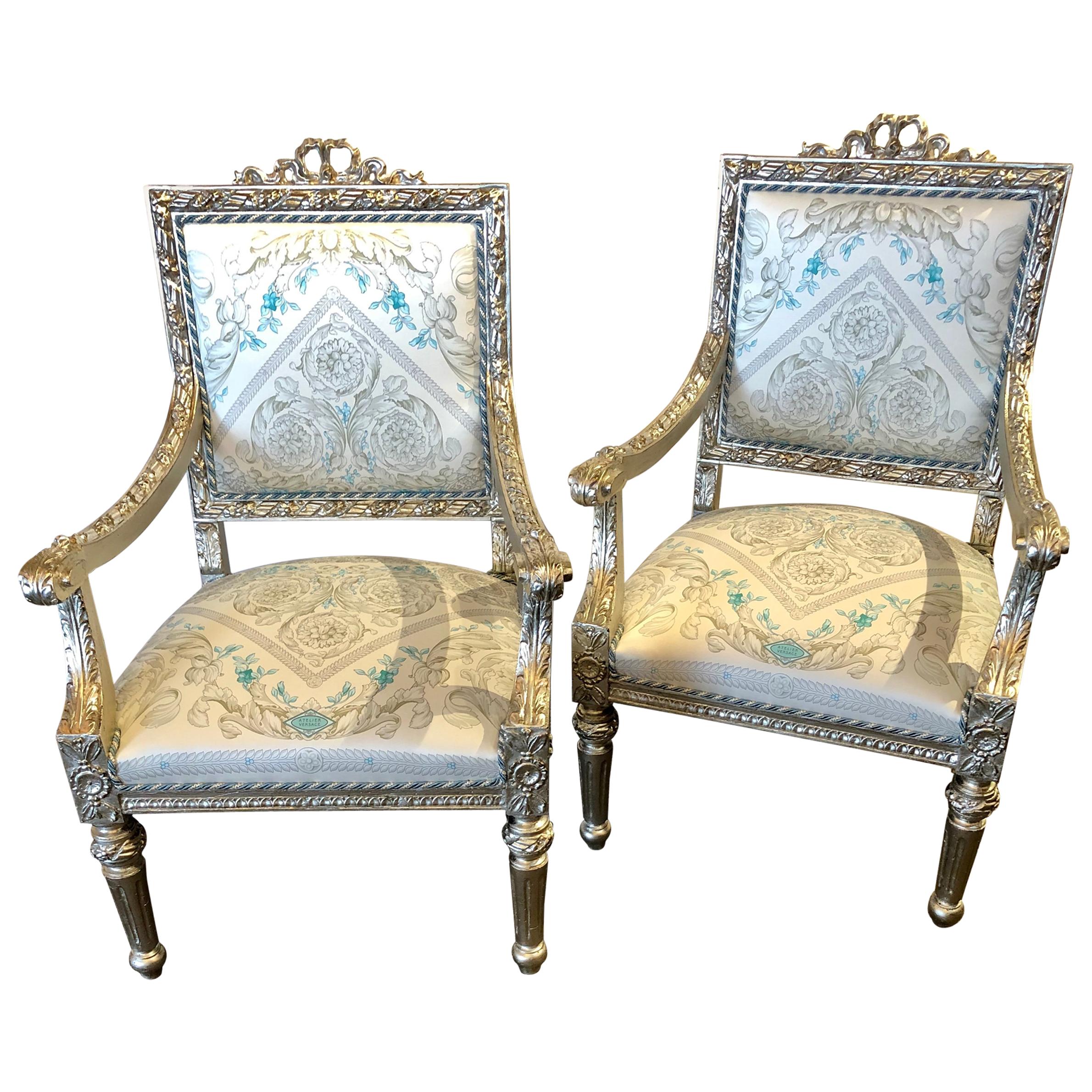 Pair of French Silver Gilt 1920s Louis XVI Style Armchairs