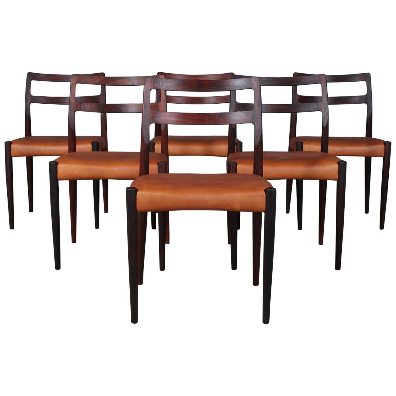Johannes Andersen Six Dining Chairs, Model Anna, Rosewood and Leather Upholstery