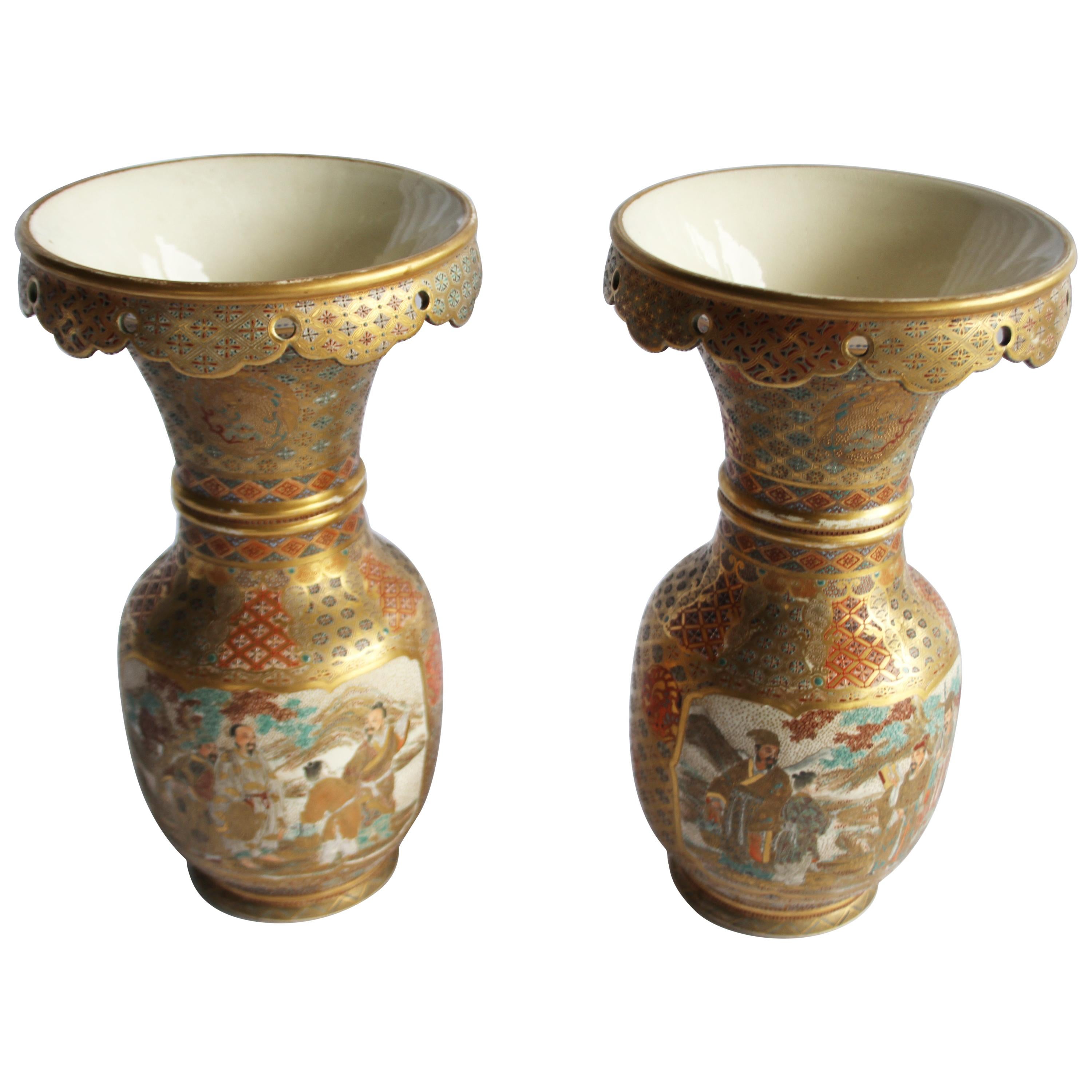 19th Century Ceramic Japanese Satsuma Vases, Meiji Period, Geometric Design For Sale