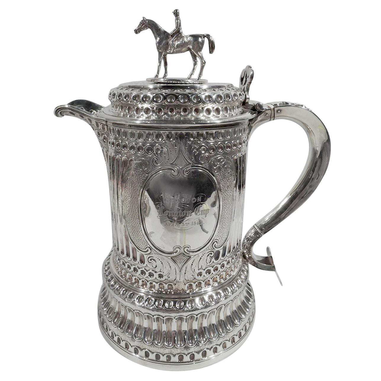 English Classical Sterling Silver Horse Race Trophy in Form of Columnar Tankard