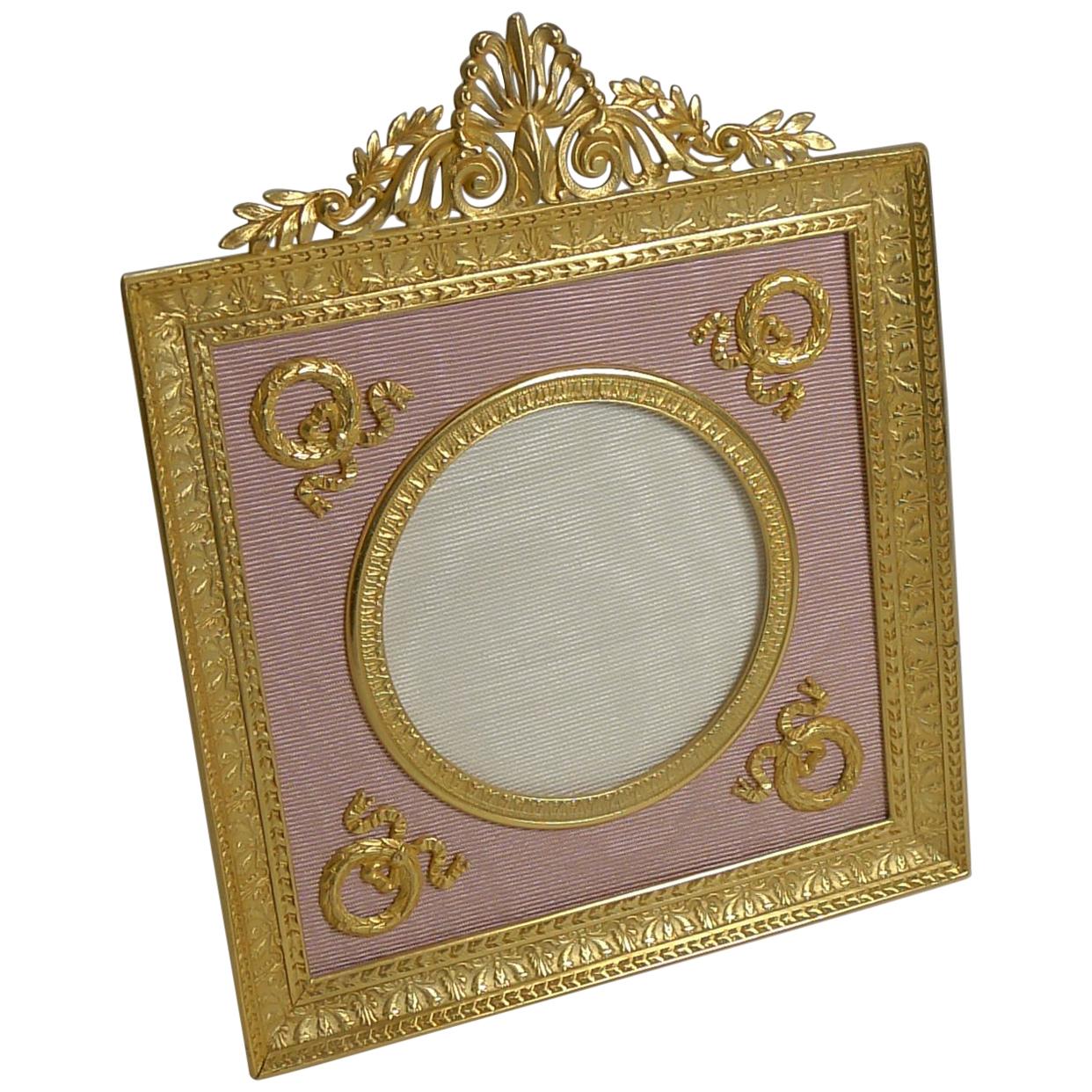 Pretty Antique French Gilded Bronze Picture Frame, Pink Taffeta