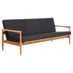 Oak 3-Seat with Black Cushions, 1960s