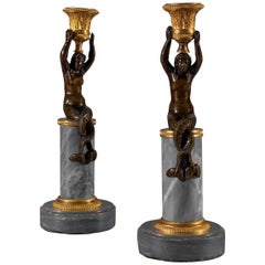 Early 19th Century Regency Bronze and Marble Mermaid Candlestick Figures