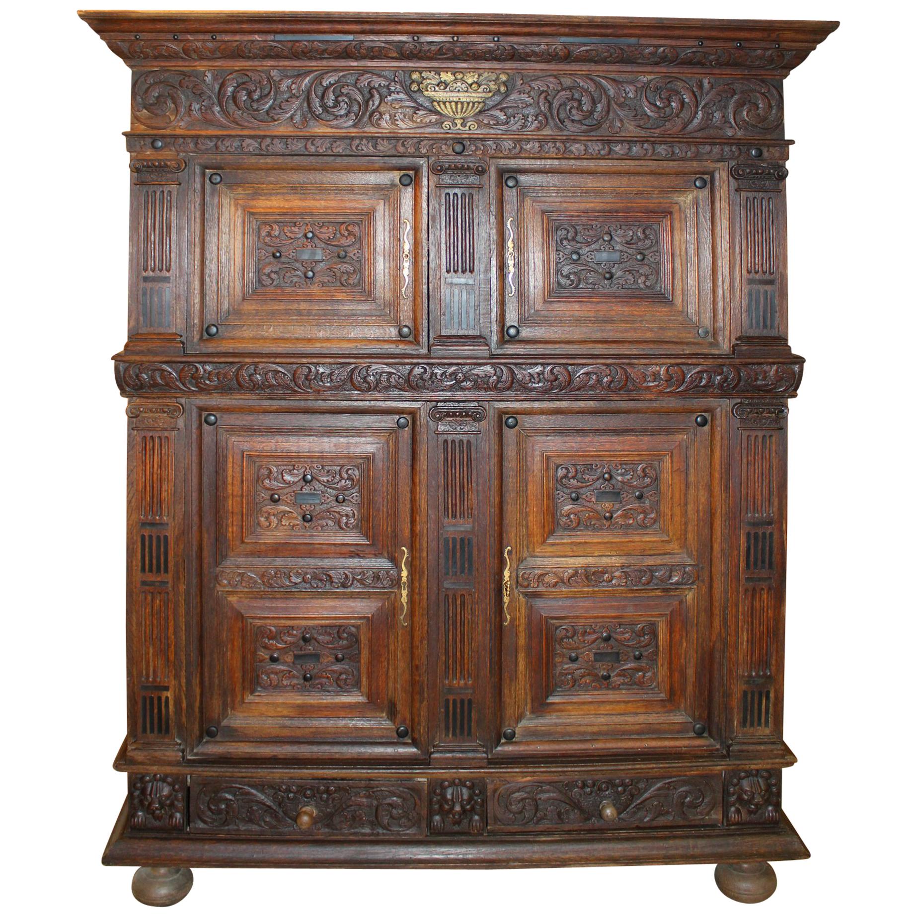 19th Century German Carved Oak Court Cupboard