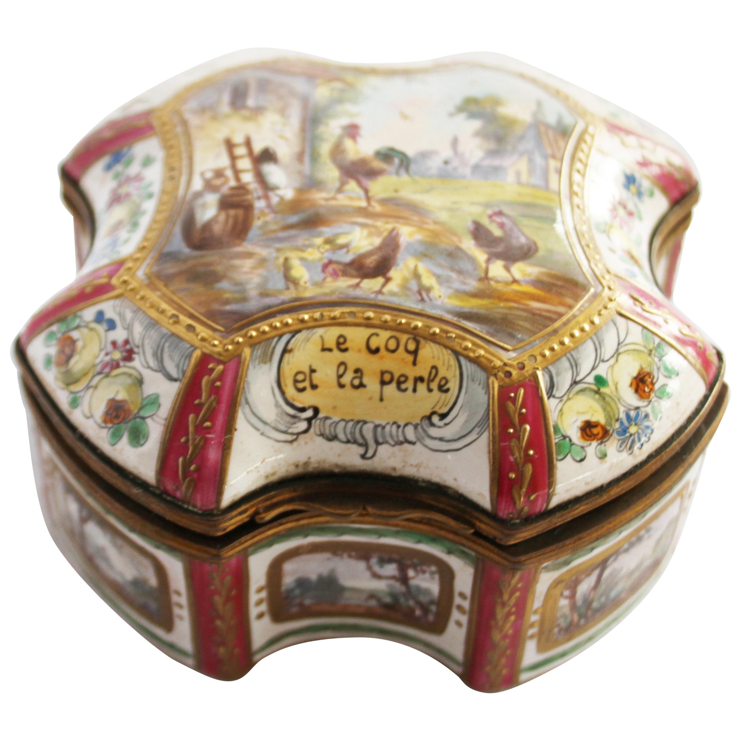 19th Century Porcelain Box Le Coq el le perle, Marked Sceaux