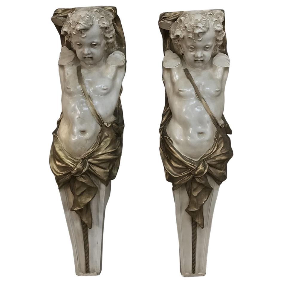Pair 19th Century Carved Wood Polychrome Cherub Statues