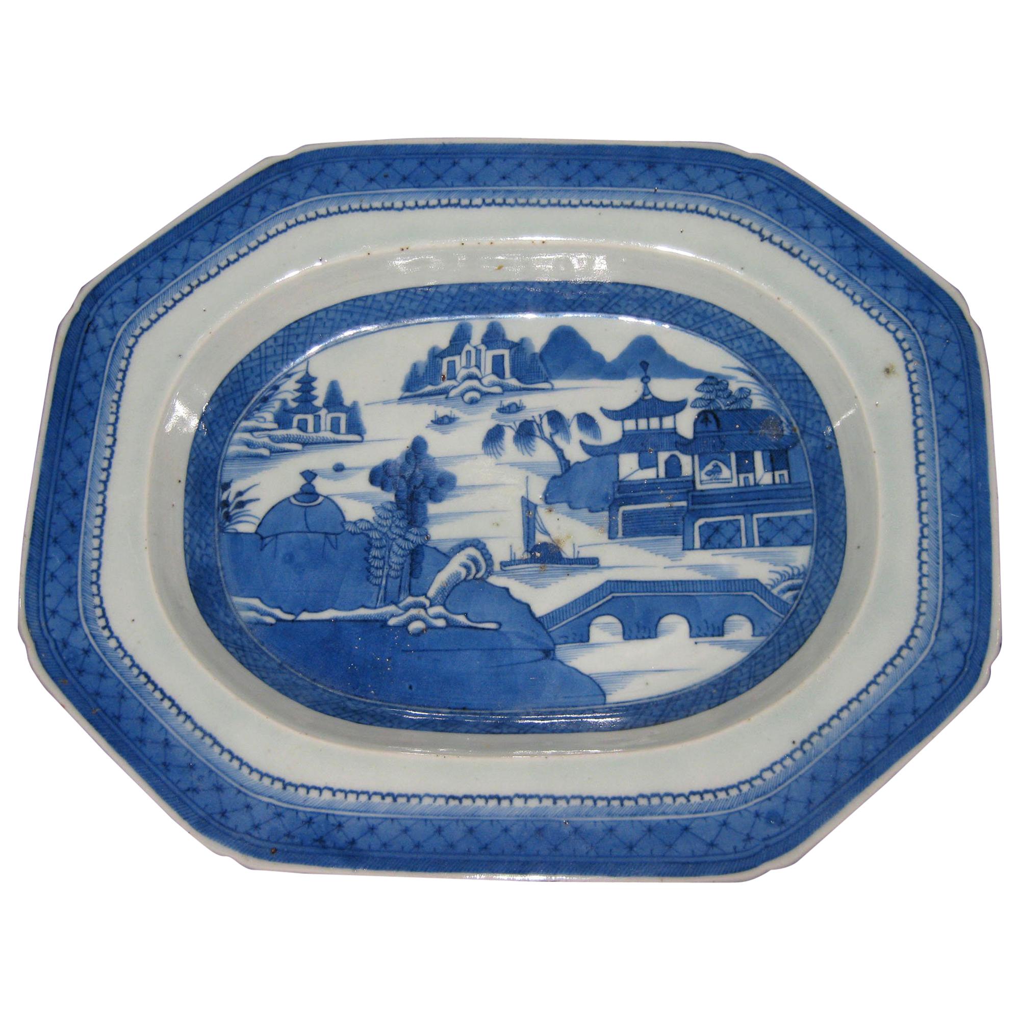 19th century Chinese Export Blue and White Canton Ware Deep Platter
