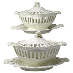 English Pottery Creamware Openwork Covered Fruit Baskets and Stands