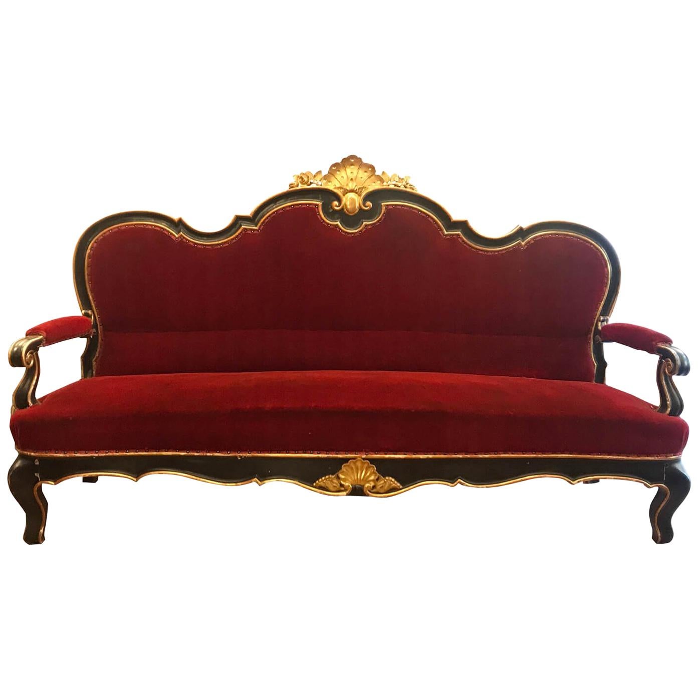 Italian 19th Century Large Sofa Sicilian Canapè with Lacquer Gilding Red Velvet