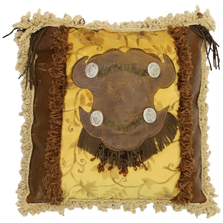 Western Rockabilly Style Leather Throw Pillow With Fringe And