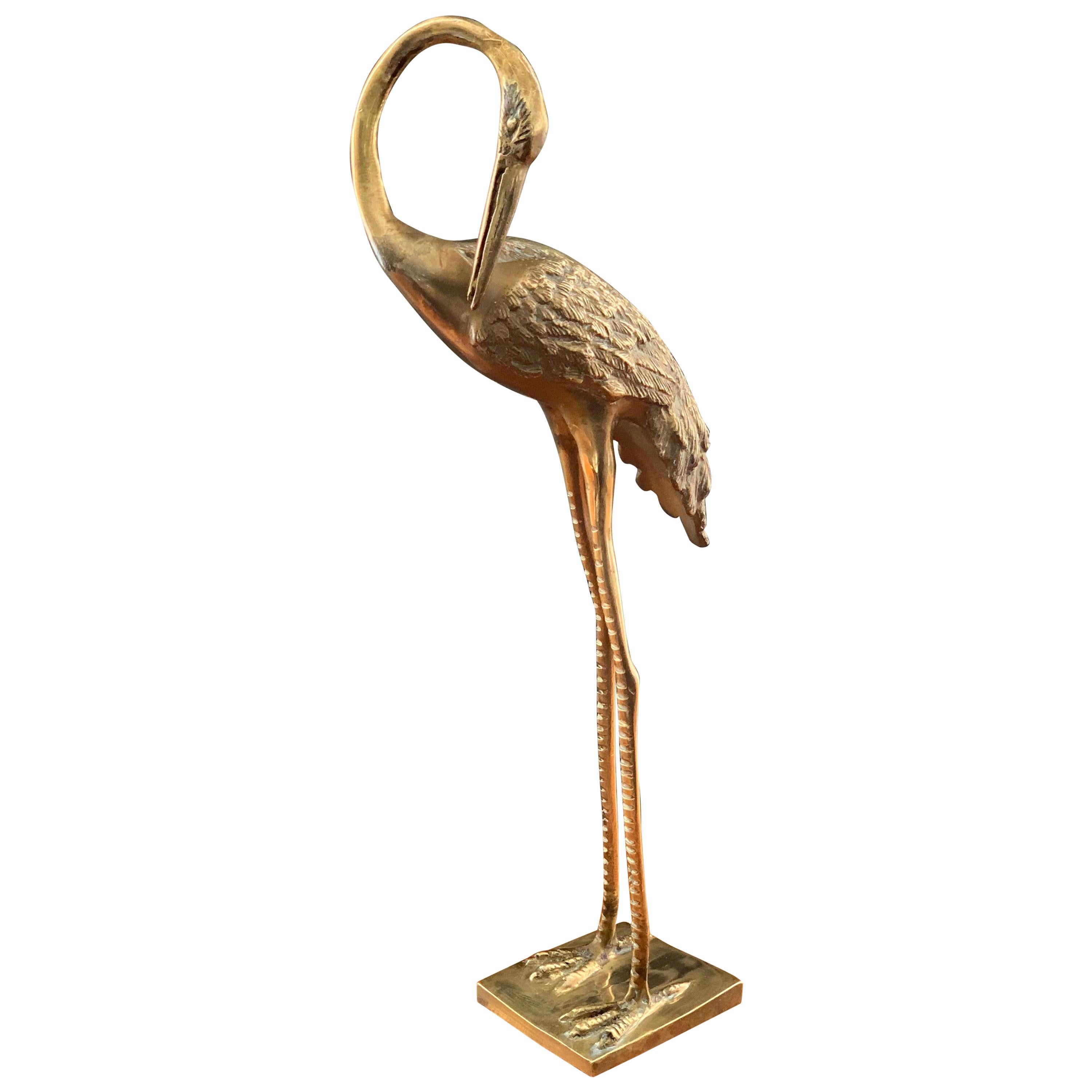Vintage Midcentury 1970s Decorative Brass Crane Sculpture Hollywood Regency