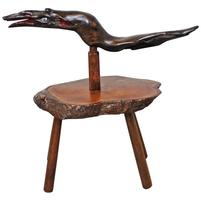 Midcentury Nakashima Style Carved Live Edge Slab Whale Wood Sculpture Table