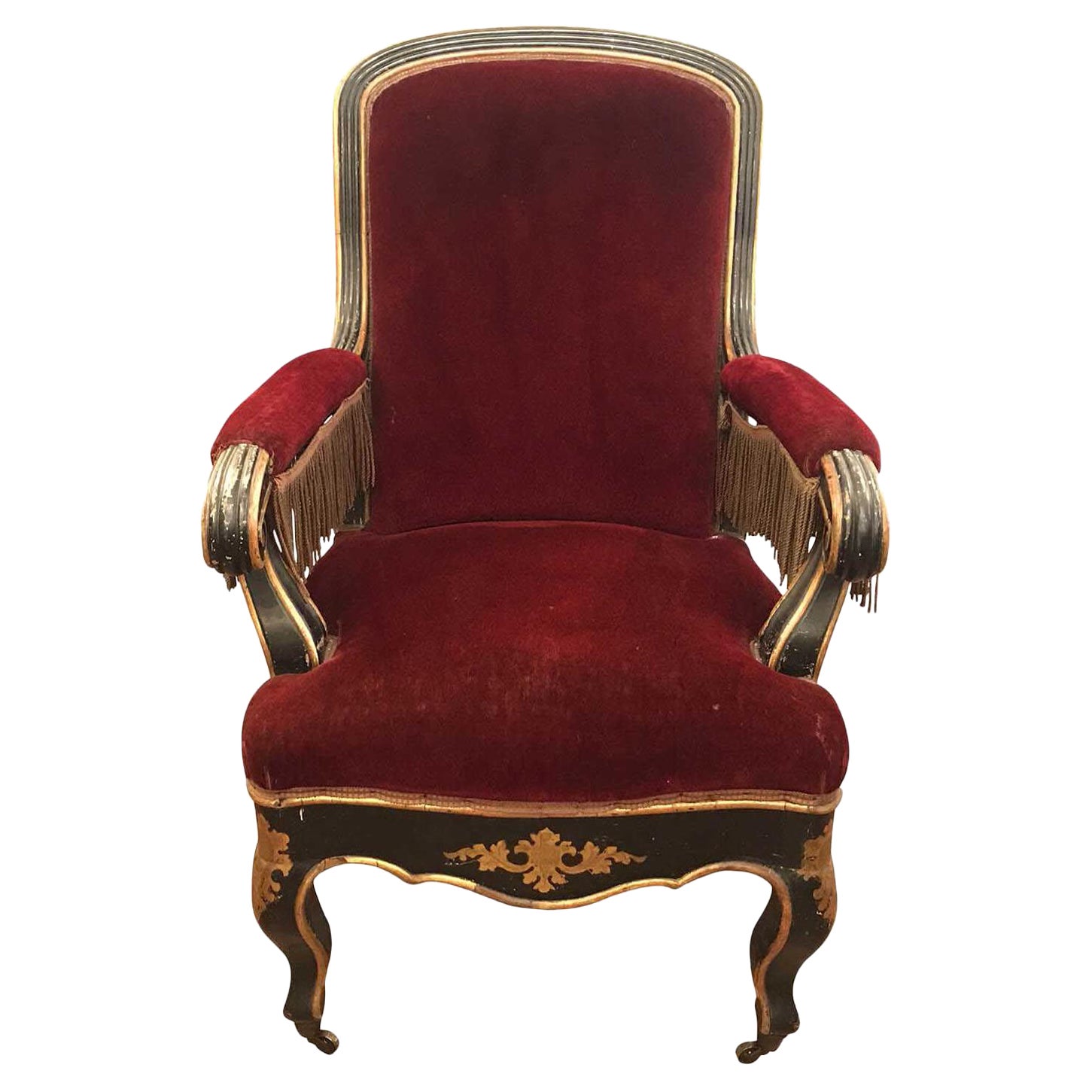 19th Century Italian Sicilian Armchair and Footrest Red Velvet Gilt Details